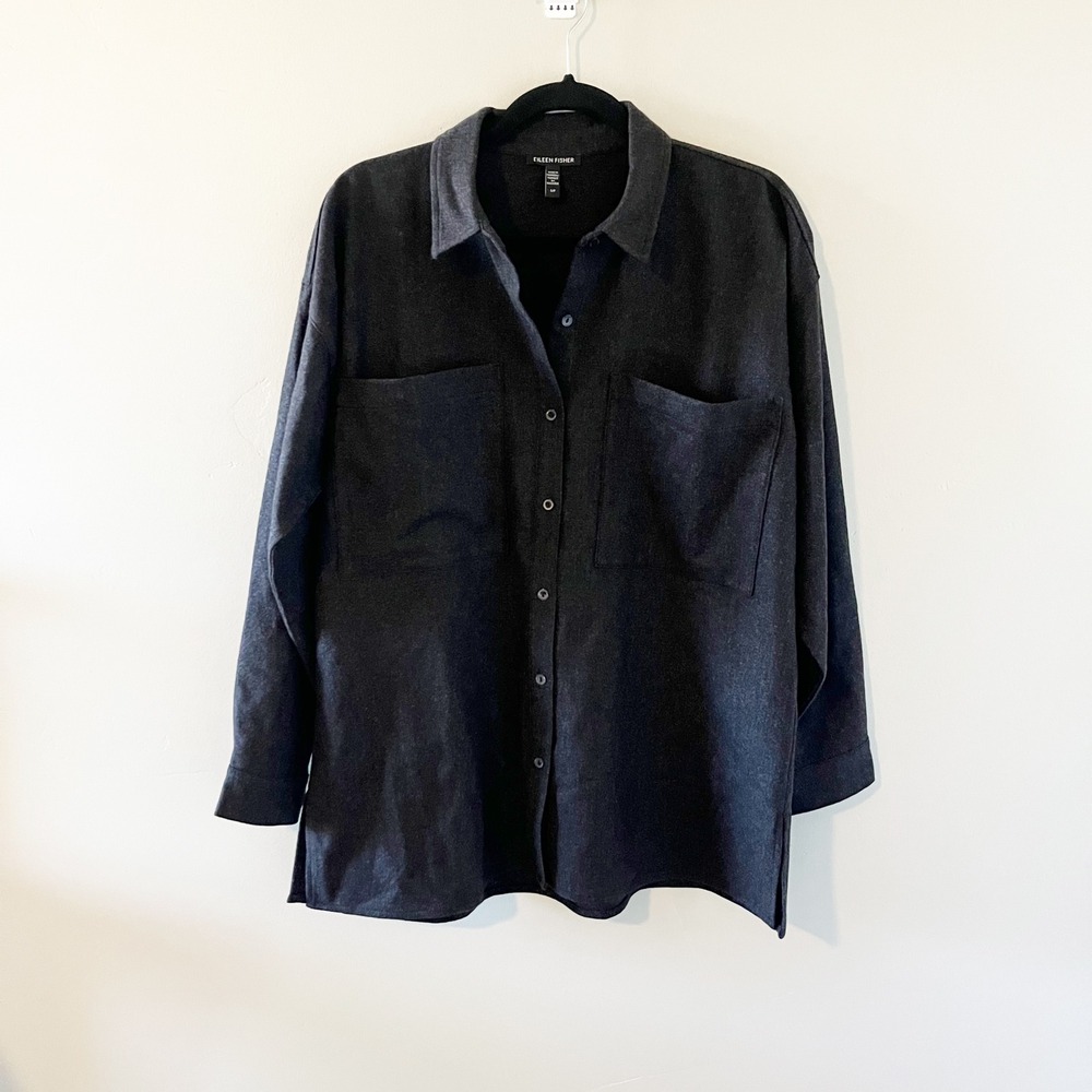 Eileen Fisher Soft Wool Flannel Classic Collar Shirt Charcoal Grey S/P 6701